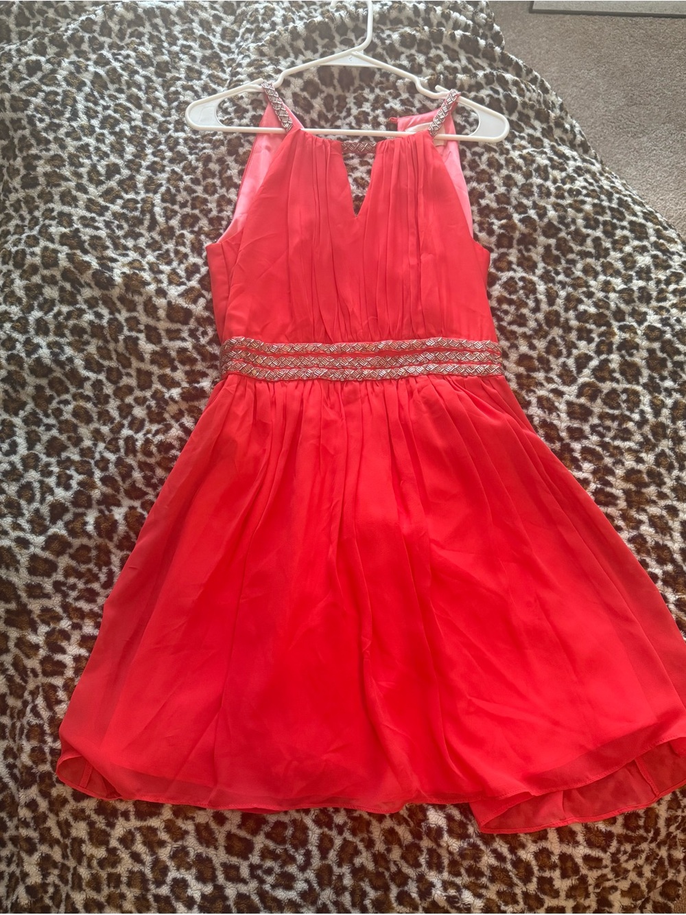 Gianni Bini Coral-Red Chiffon Party Dress with Embellished Waist